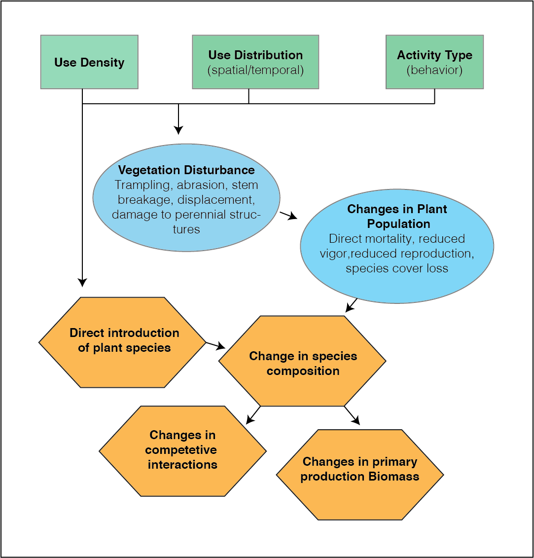Conceptual diagram of vegetation disturbance response to recreation use.